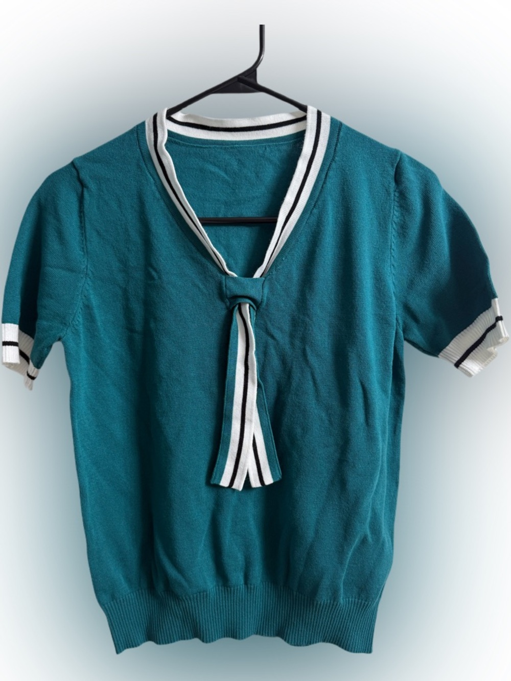 Women’s Teal Knit Sailor-Collar Top with Tie